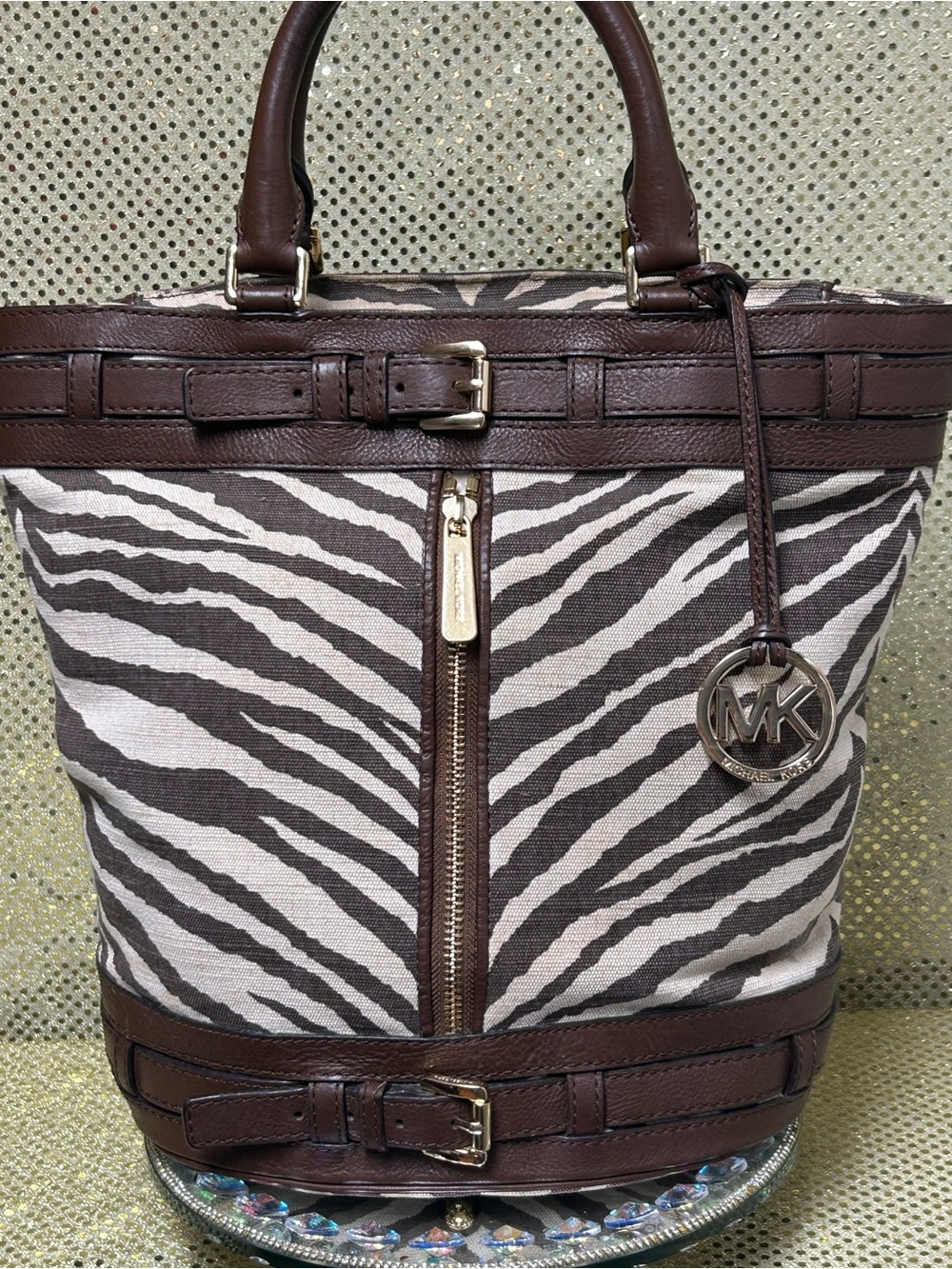 MICHAEL KORS Brown Zebra-Print Kingsbury Canvas Bucket Tote Approx. 15 x 13 x 8